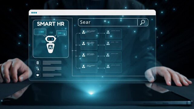 A modern digital setup showcasing an AI-powered human resources interface on a tablet, emphasizing data management and search capabilities in a futuristic style. Qubit