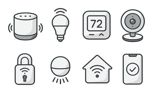 Smart home devices in linear style: smart speaker, smart bulb, thermostat, camera, smart lock, motion sensor, home hub, app control.