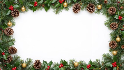 Fototapeta premium Festive Christmas Frame: Pinecones, Holly, and Christmas Ornaments