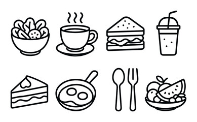 Food and drinks, linear style: bowl of salad, coffee cup, sandwich, smoothie glass, slice of cake, frying pan with eggs, spoon and fork, fruit platter.