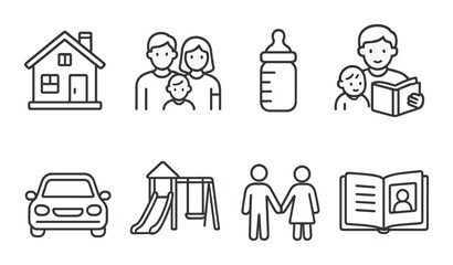 Family & parenting in linear style: family home, parents and child, baby bottle, bedtime story, family car, playground icon, holding hands, photo album.