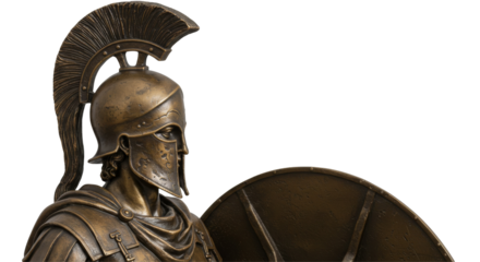 Bronze statuette of the Roman war greek Sparta type helmet roman warrior Warrior wearing iron helmet and warrior old metal shield. Ancient warrior isolated, PNG 