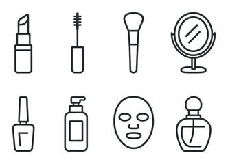 Beauty products, linear style: lipstick, mascara, makeup brush, mirror, nail polish, lotion bottle, face mask, perfume.