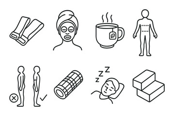 Health and wellness, linear style: stretch bands, self-care face mask, herbal tea mug, body scan figure, posture check, foam roller, rest and recovery icon, yoga blocks.