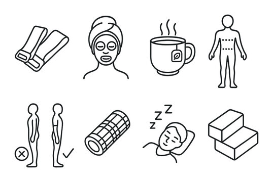 Health and wellness, linear style: stretch bands, self-care face mask, herbal tea mug, body scan figure, posture check, foam roller, rest and recovery icon, yoga blocks.