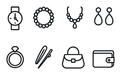 linear style icons of clothing: watch, bracelet, necklace, earrings, ring, hairpin, handbag, wallet.