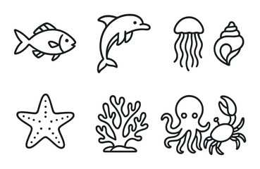 Ocean life, linear style: fish, dolphin, jellyfish, seashell, starfish, coral, octopus, crab.