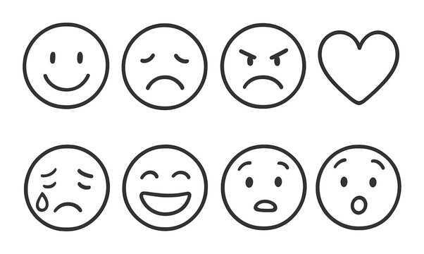 Emotional expressions in linear style: happy face, sad face, angry face, love heart, crying face, laughing face, confused face, surprised face.