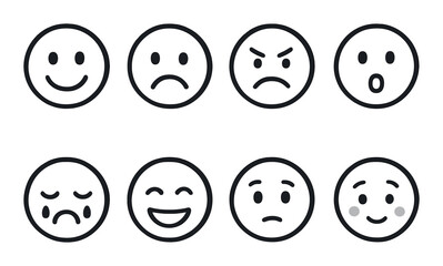Emotion icons linear style: happy face, sad face, angry face, surprised face, crying face, laughing face, confused face, shy face.