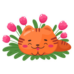 Cute kawaii ginger cat in flowers. Cute animal character