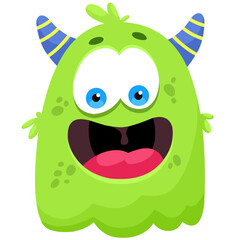 Funny green monster with horns, children's character, print