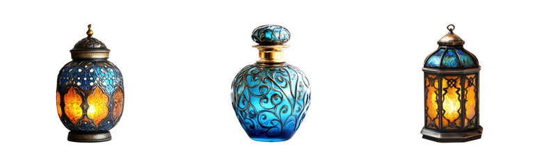 Artistic lanterns displaying elegant blue glass home decor product studio setting aesthetic appeal cut out set