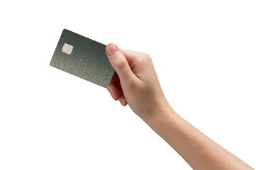 Bank card in hand, showcasing debit or credit card with chip for online payment. Representing modern