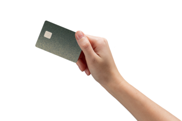 Bank card in hand, showcasing debit or credit card with chip for online payment. Representing modern