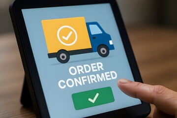 An order confirmation is displayed on a tablet screen with a finger pressing the screen button for an online shopping. Capture the moment of convenience and satisfaction with a delivery icon.