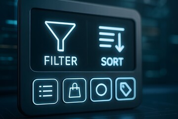 Digital interface with filter and sort functions, ideal for applications like e-commerce or data analysis, rendered in a sleek, modern style. 