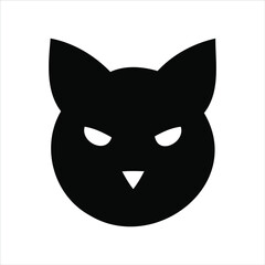 Simple black cat silhouette facing forward with white eyes and nose on white background