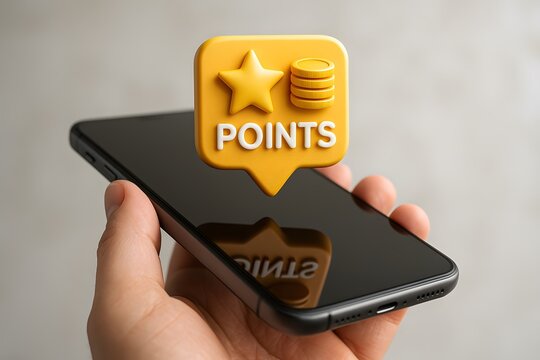 A person interacts with a smartphone, showcasing a points system concept in an illustrative manner. The image focuses on earning and redeeming rewards digitally.