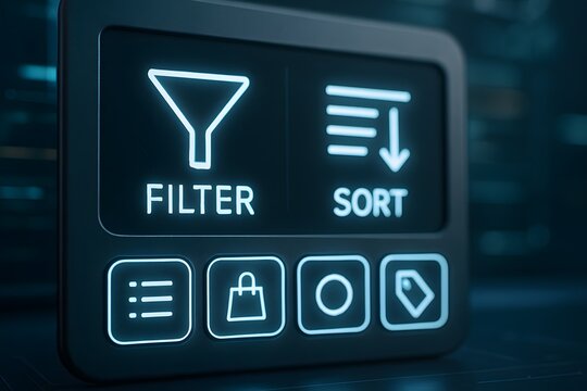 Digital interface with filter and sort functions, ideal for applications like e-commerce or data analysis, rendered in a sleek, modern style.