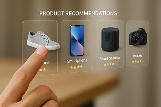A hand selects shoes from a row of product recommendations, illustrating the concept of online shopping and product selection. Modern e-commerce is at your fingertips.