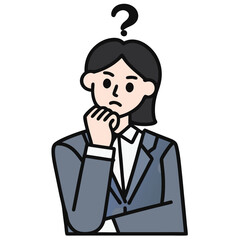Pensive businesswoman in a gray suit contemplates an unsolved problem with a question mark