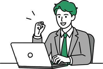 Happy businessman working on laptop isolated on white background