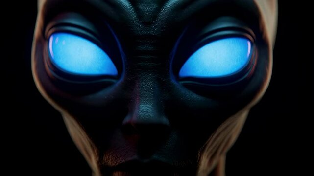 Close up of an alien face with glowing blue eyes in dark. Extraterrestrial creature or futuristic robot horror concept background.