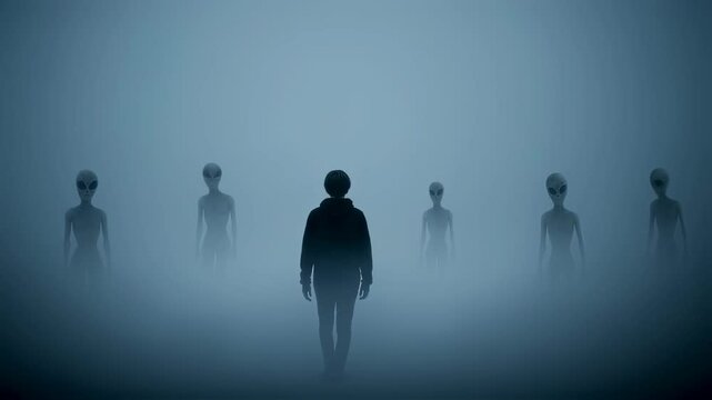 Man surrounded by aliens in dense fog. Extraterrestrial encounter and horror concept, UFO and paranormal mystery footage.