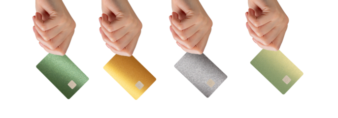 Bank card in hand, showing options for credit or debit card with chip. Representing cashless
