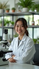 Smiling female scientist in a lab coat beside a microscope