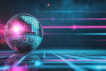 A classic disco ball spins, exuding 1980s retro vibes. Neon pink, electric blue, and purple lights reflect, creating a vibrant, nostalgic dance atmosphere filled with shimmering reflections.