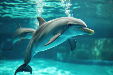 Dolphins glide effortlessly underwater in unison. Their sleek, gray forms exhibit a captivating marine grace as they navigate the ocean's depths, showcasing nature's fluid harmony.