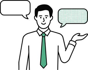 Vector cartoon illustration of a businessman with speech bubbles isolated on white background