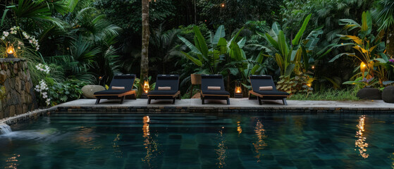 Luxury jungle poolside with lantern-lit loungers
