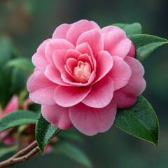 Beautiful pink camellia flower close-up in a garden on a rainy day