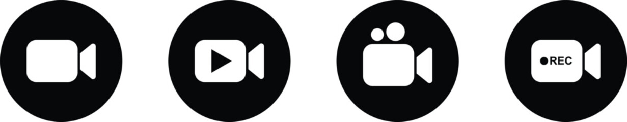 Video icon set. Video camera, movie icons isolated on transparent background. Video production, streaming, editing, filming vector symbols. Perfect for media, entertainment, and broadcasting designs.