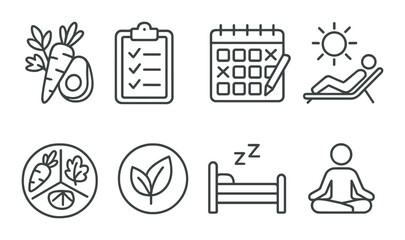 Healthy lifestyle in linear style: plant-based food, wellness checklist, habit tracker, sunbathing icon, healthy plate, organic icon, rest day, balance icon.