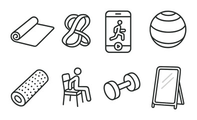 Home workouts in linear style: yoga mat, resistance band, app screen, exercise ball, foam roller, chair workout, dumbbell, mirror.