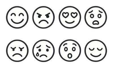 Fototapeta premium Emoticon faces linear icons: joy, anger, love, fear, disgust, sadness, surprise, relief.