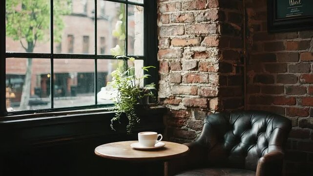 Cozy cafe corner with leather chair, brick wall, and coffee