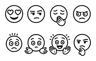 Obraz premium Emotion icons linear style: love heart eyes, suspicious look, sleepy yawn, focused eyes, stressed face, confused shrug, excited hands, thoughtful pose.