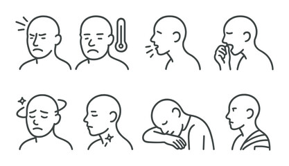 Medical conditions linear icons: headache, fever, cough, nausea, dizziness, sore throat, fatigue, injury.