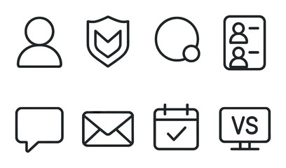 Online gaming icons: profile, clan icon, online tag, friend list, chat bubble, inbox, daily login, match history. Linear style, isolated, no text