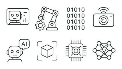 AI & robotics in linear style: robot interface, robotic workflow, binary code, smart camera icon, speech bubble AI, object detection, system core, deep learning.