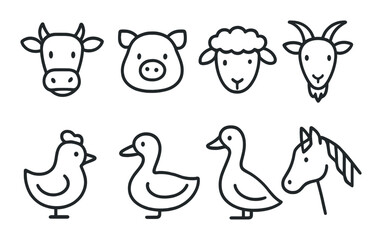 Obraz premium linear style icons of animals: cow, pig, sheep, goat, chicken, duck, goose, horse.