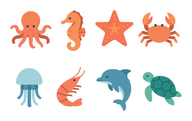 Sea creatures in modern flat vector : octopus, seahorse, starfish, crab, jellyfish, shrimp, dolphin, sea turtle.