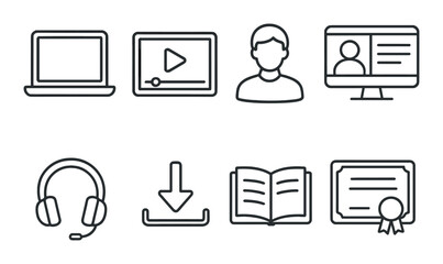Online learning in linear style: laptop, video player, student avatar, webinar screen, headphones, download button, e-book, certificate.