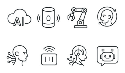 AI & robotics in linear style: cloud AI, voice assistant, robotic arm tool, training loop, synthetic intelligence, signal sensor, digital entity, bot response.