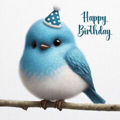 Bright blue birthday bird with festive hat perched on a branch celebrating a joyful occasion