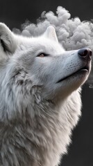 Obraz premium Majestic white wolf with smoke rising above its head in a dark backdrop